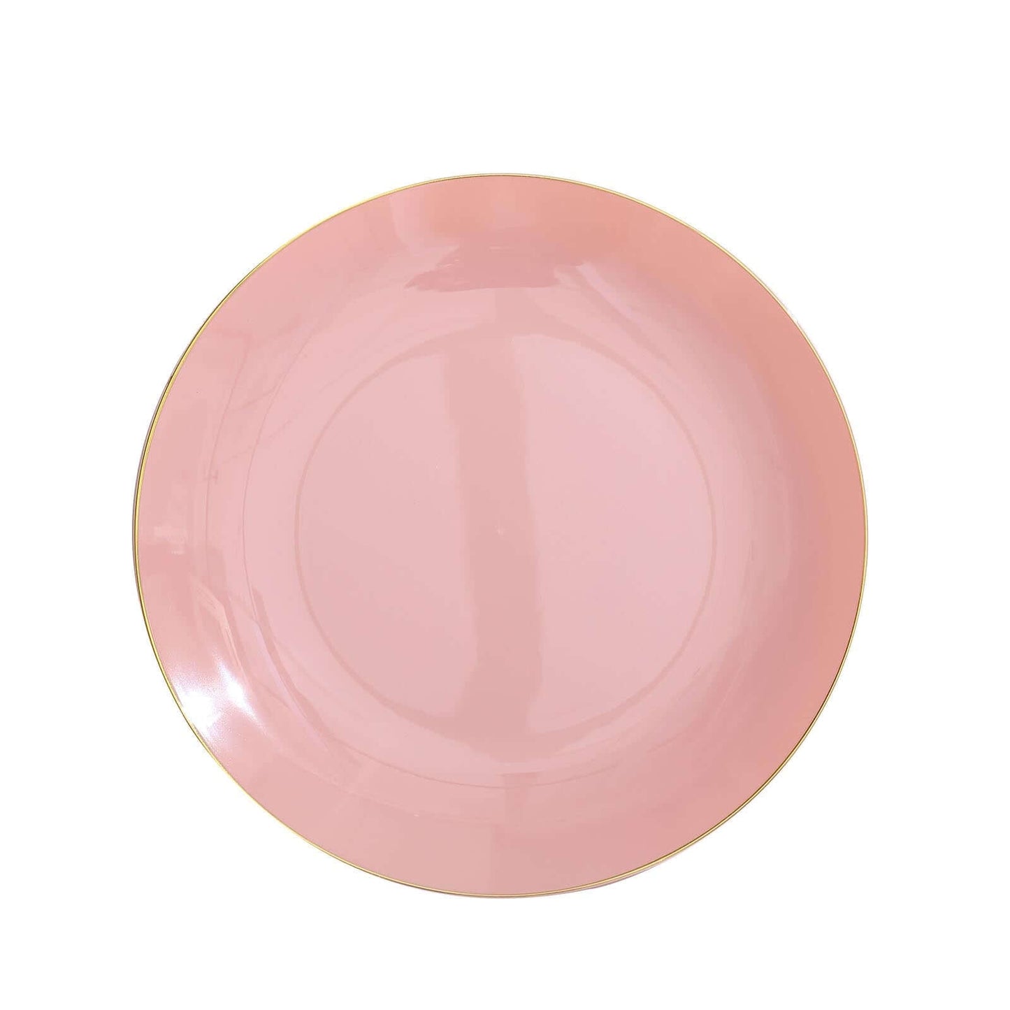 10-Pack Plastic 10" Round Dinner Plates in Dusty Rose with Gold Rim - Glossy Disposable Party Plates