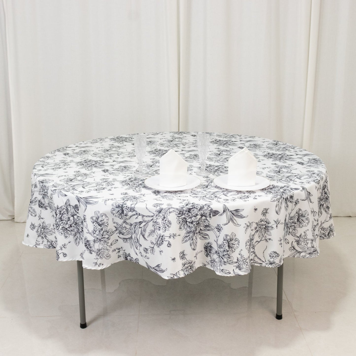 Polyester 90" Round Tablecloth White - Black French Toile Pattern for Chic Weddings