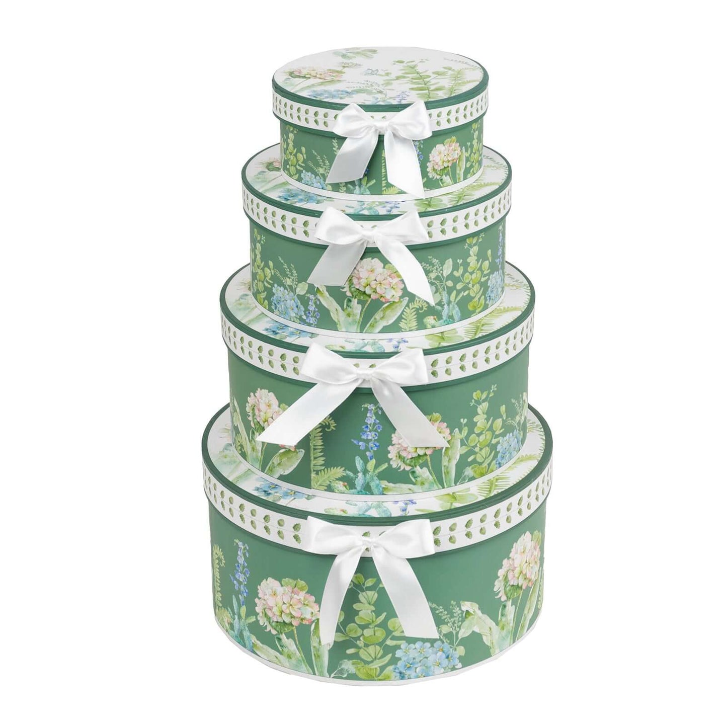 Set of 4 Cardstock Round Nesting Gift Boxes Greenery Theme Design - Decorative Heavy Duty Stackable Keepsake Boxes With Lids for Presents Storage & Pedestal Stand 5",7",8",9"