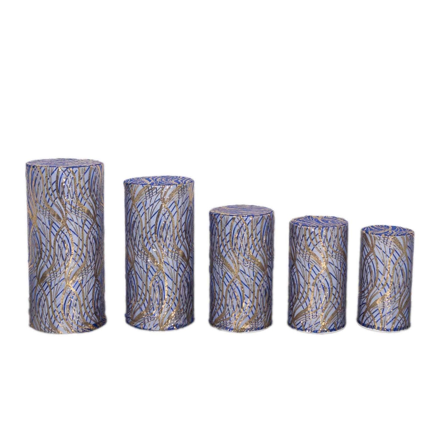 Set of 5 Royal Blue Wave Mesh Cylinder Pedestal Stand Covers with Embroidered Sequins, Pillar Prop Covers - 160 GSM