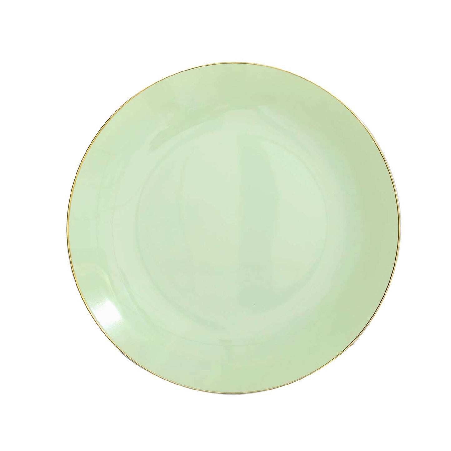 10-Pack Plastic 10" Round Dinner Plates in Sage Green with Gold Rim - Glossy Disposable Party Plates
