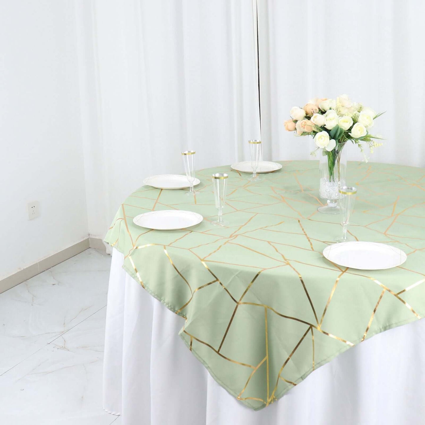 Polyester 54"x54" Table Overlay Square Tablecloth Sage Green with Gold Foil Geometric Pattern - Wrinkle-Resistant & Durable for Stylish Settings