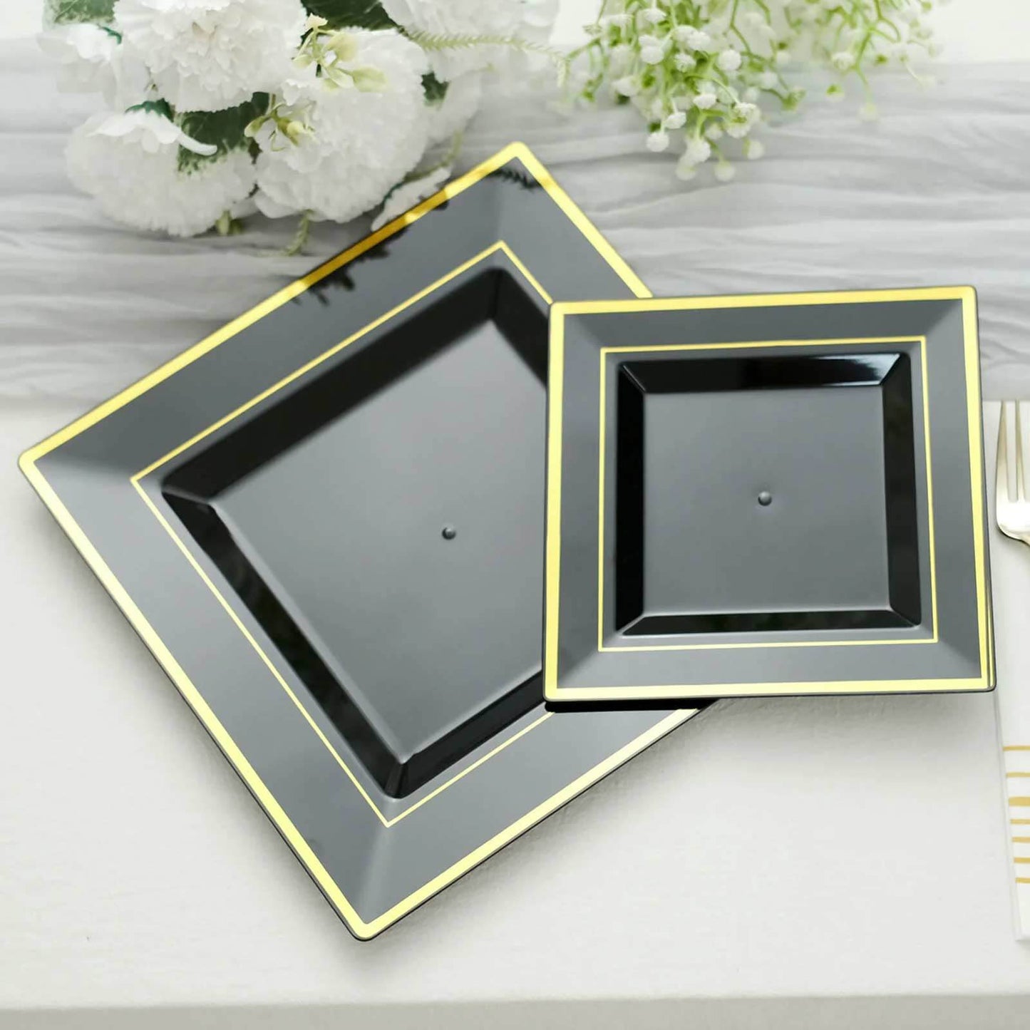 10-Pack Plastic Salad Dessert Plates Black Square with Gold Trim - Durable Disposable Appetizer Plates 7"