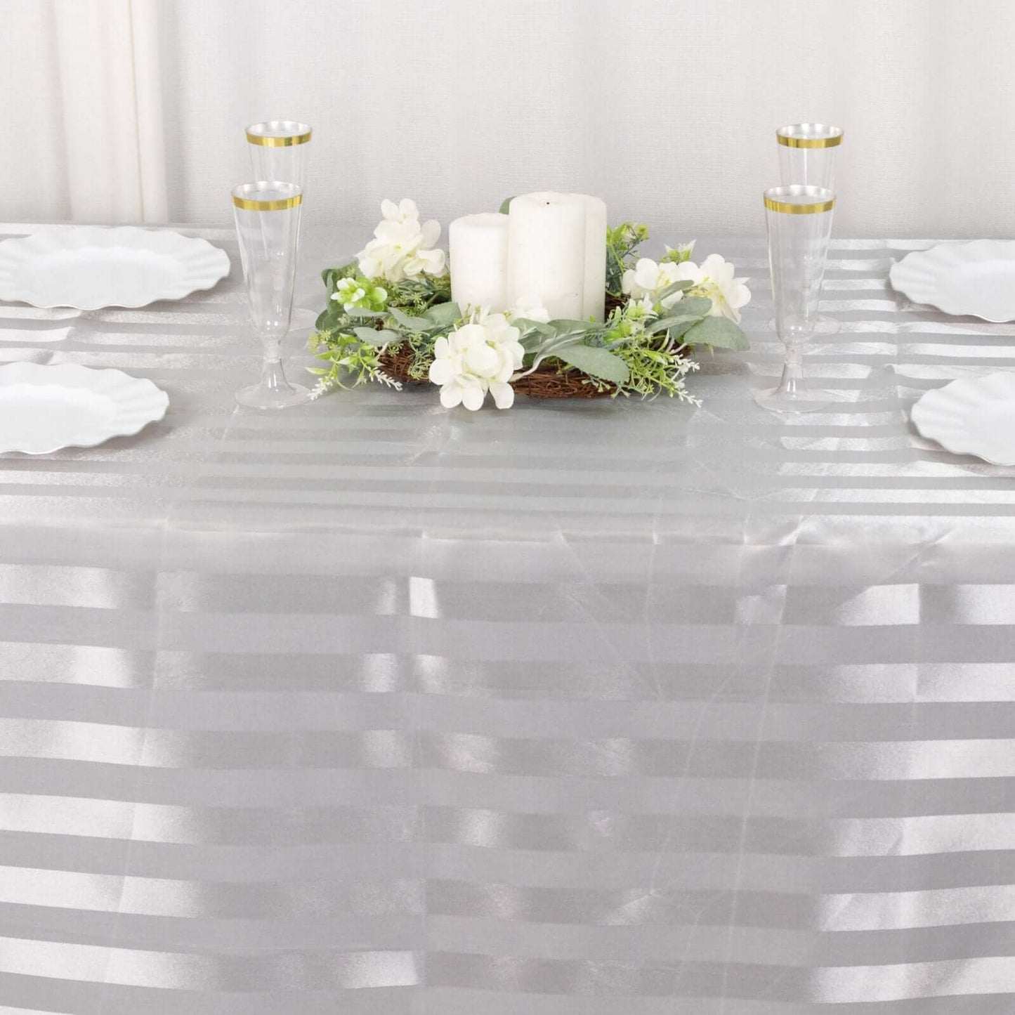 Satin Striped 90"x132" Rectangular Tablecloth Silver - Seamless Silky Smooth Table Cover