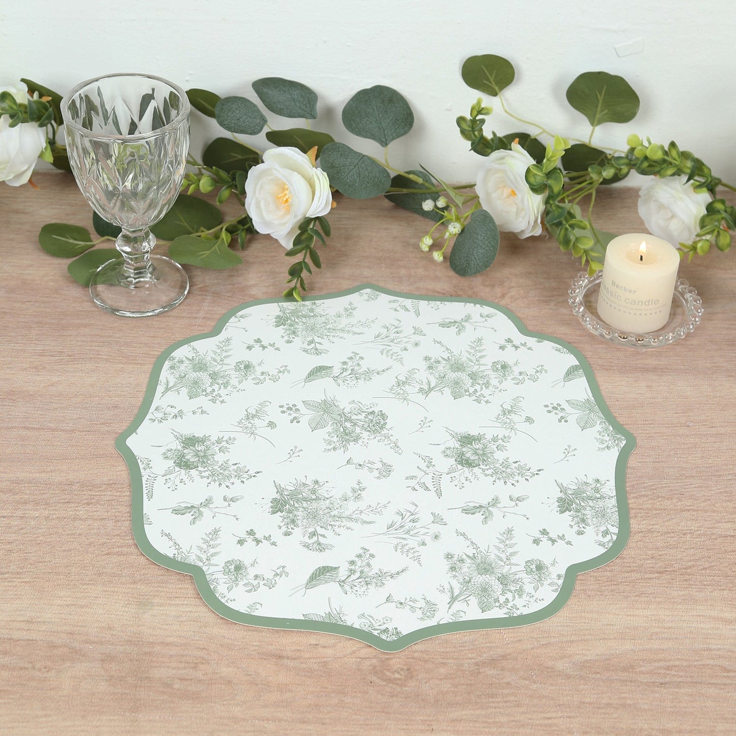 10 Pack Disposable Charger Plates White with Sage Green French Toile Pattern, 13" Cardboard Paper Placemats with Scalloped Rim