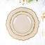 10-Pack Plastic 8" Round Dessert Plates in Taupe with Gold Scalloped Rim - Disposable Appetizer/Salad Plates