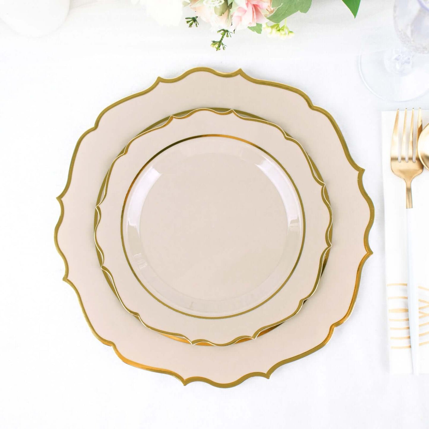 10-Pack Plastic 8" Round Dessert Plates in Taupe with Gold Scalloped Rim - Disposable Appetizer/Salad Plates