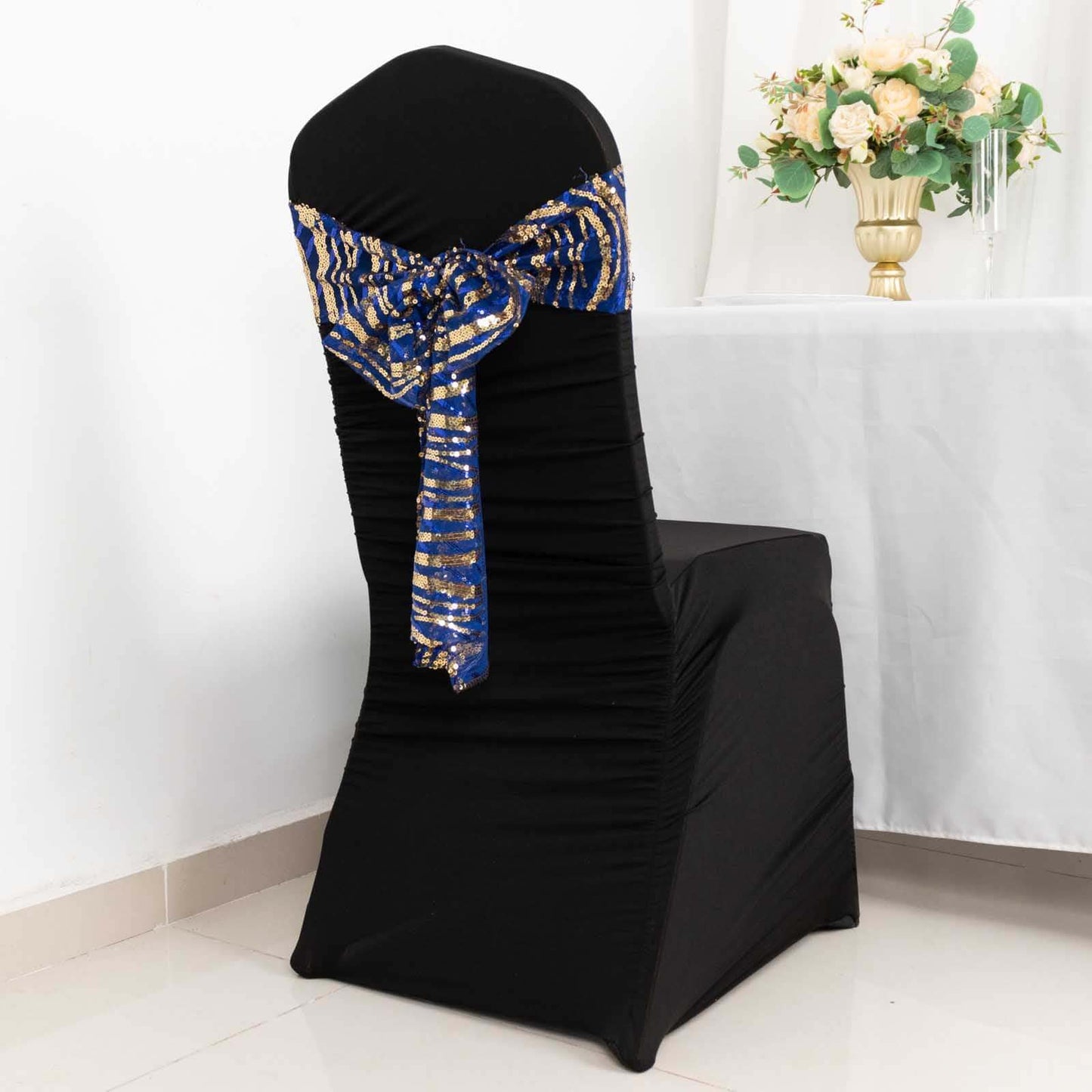 5 Pack Chair Sashes with Wave Embroidered Sequins Royal Blue/Gold 6"x88"