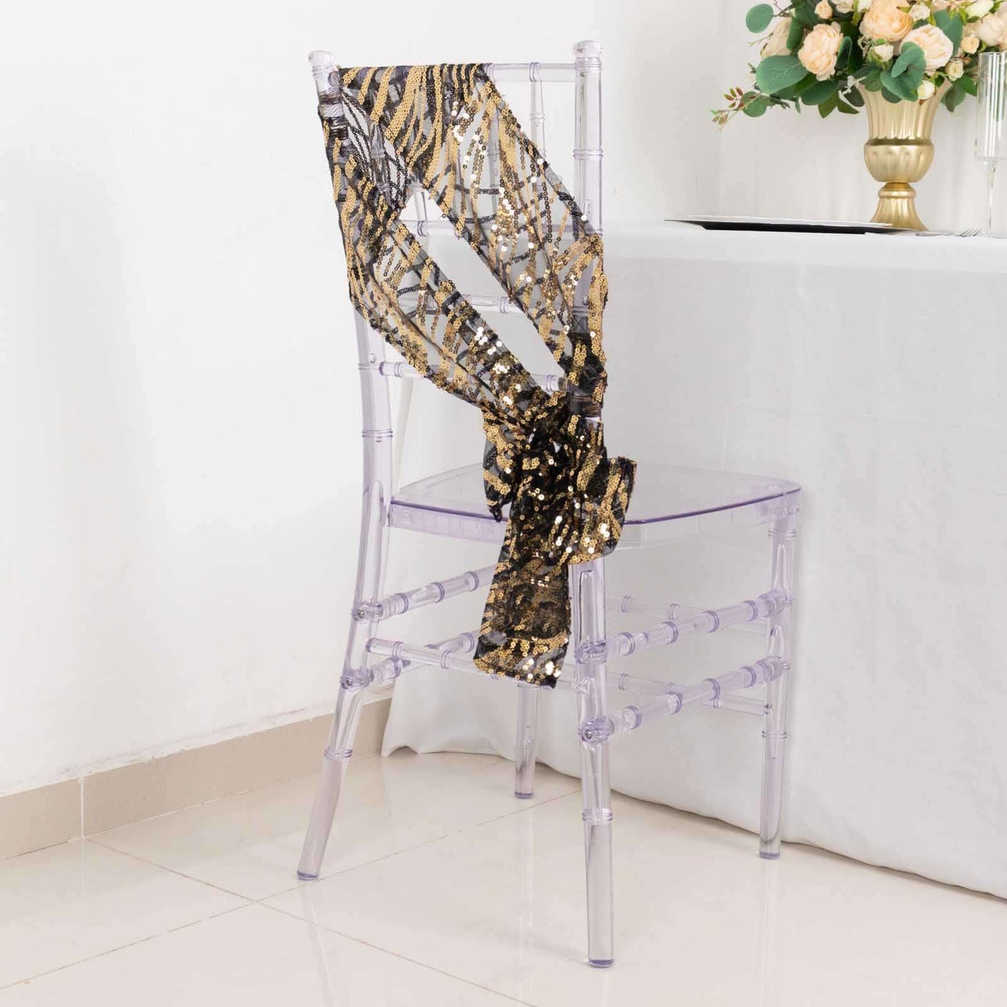 5 Pack Chair Sashes with Wave Embroidered Sequins Black/Gold 6"x88" - Stylish Glittering Decor for Weddings