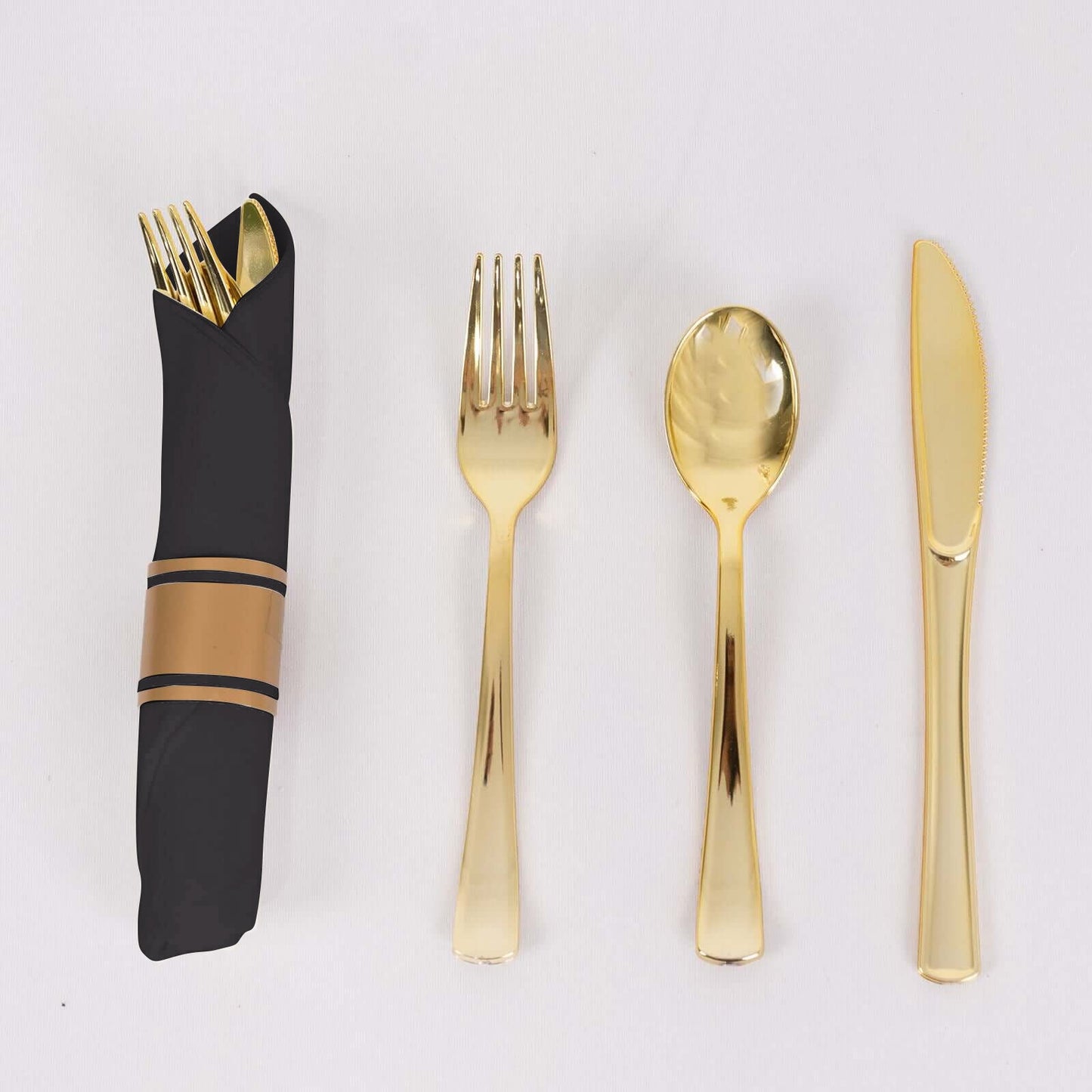 Set of 24 Gold Plastic Silverware with Pre-Rolled Black Paper Napkins - Disposable Wrapped Fork, Spoon, and Knife Set