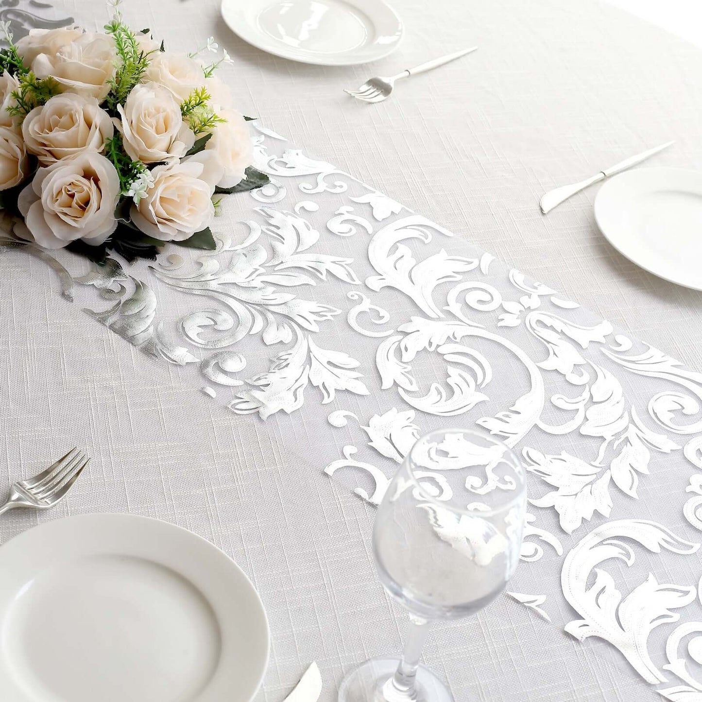 Sheer Organza 12"x108" Table Runner Roll Metallic Silver Foil Floral Swirl Design - Disposable Stylish Event Decoration