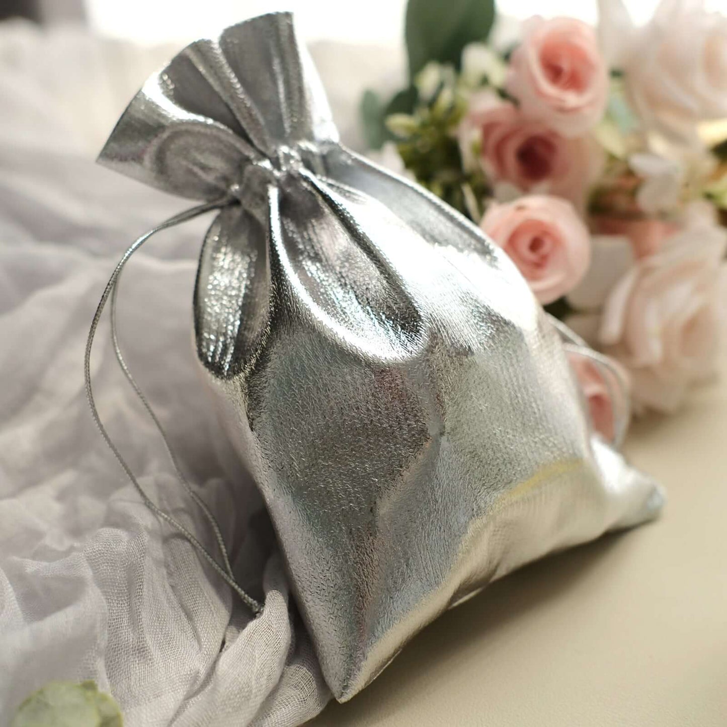 10 Pack Metallic Silver Lame Polyester 5"x7" Party Favor Gift Bags, Shiny Fabric Drawstring Candy Pouch