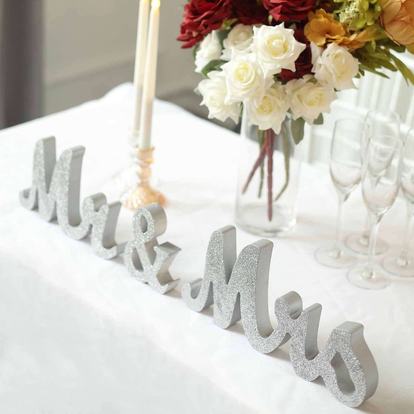Wooden "Mr & Mrs" Freestanding Letters Silver Glittered - Rustic Glam Wedding Table Display Signs