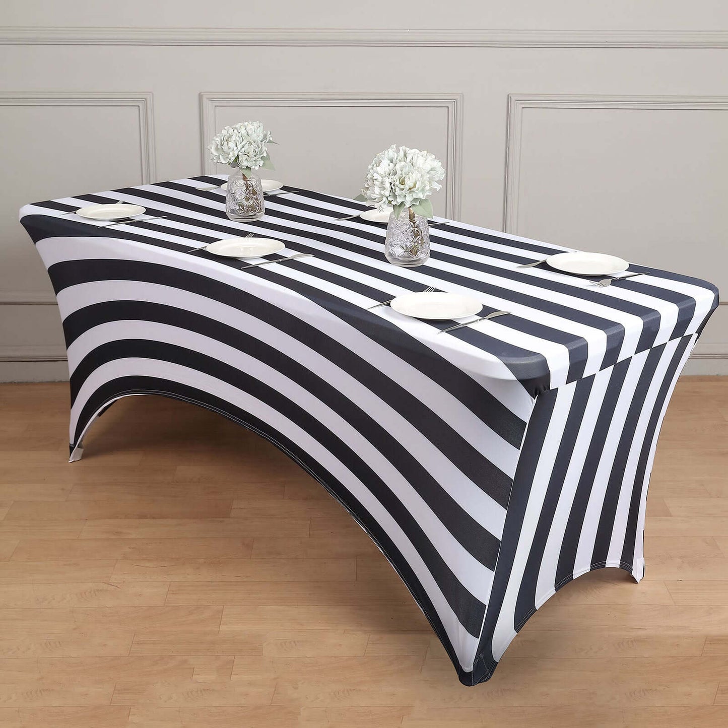 Stretch Spandex 8ft Rectangle Tablecloth Black/White Vertical Stripes - Durable Form-Fitting Tablecloth for Events & Presentations