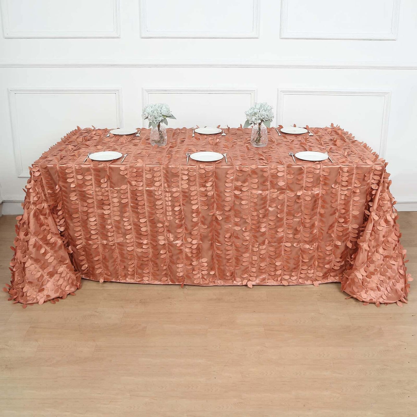 Taffeta 90"x156" Rectangle Tablecloth Terracotta (Rust) | 3D Leaf Petal Design Seamless Table Cover