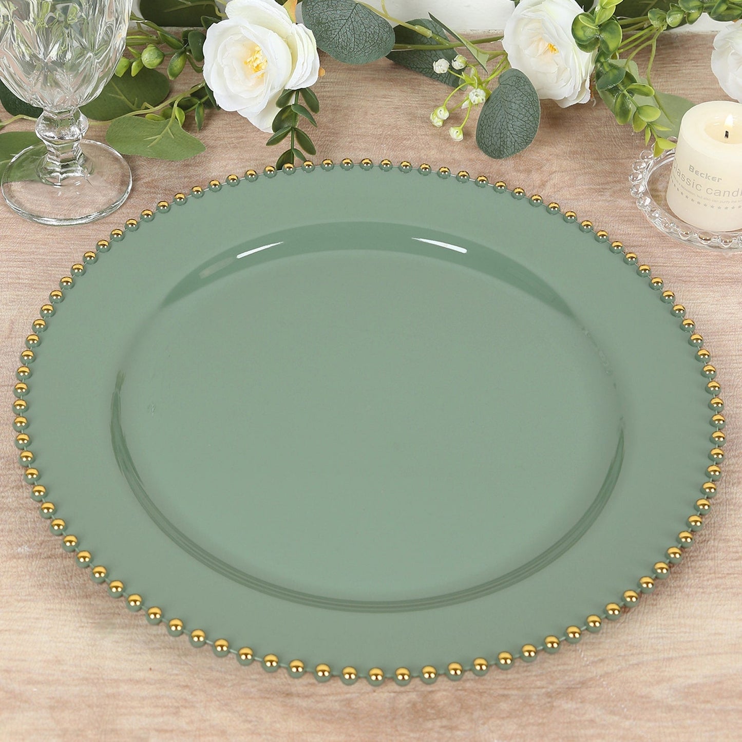 10-Pack Economy Round Plastic Charger Plates 13" in Dusty Sage Green with Gold Beaded Rim, Stylish Dinner Party Serving Plates