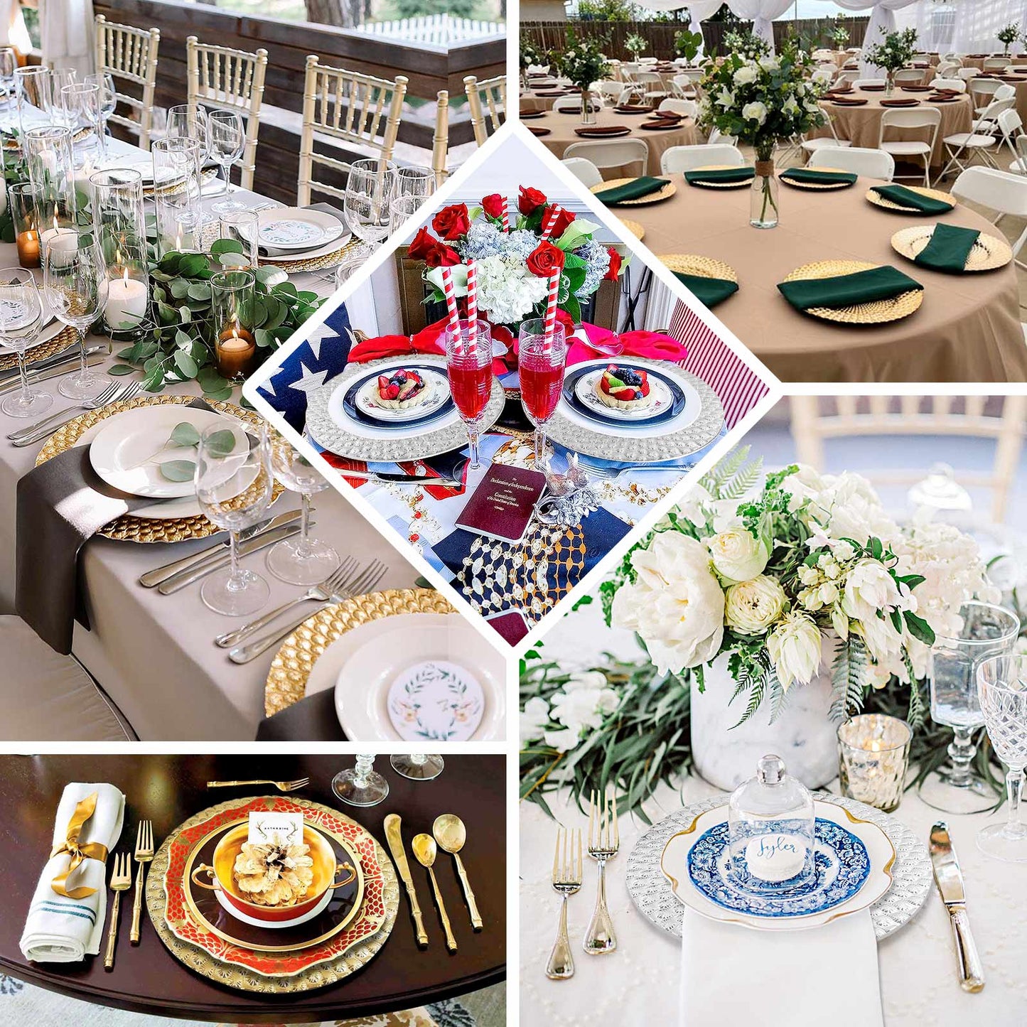 6-Pack Plastic Round Charger Plates 13" in Silver with Peacock Pattern, Exquisite Decorative Dinner Party Charger Tableware