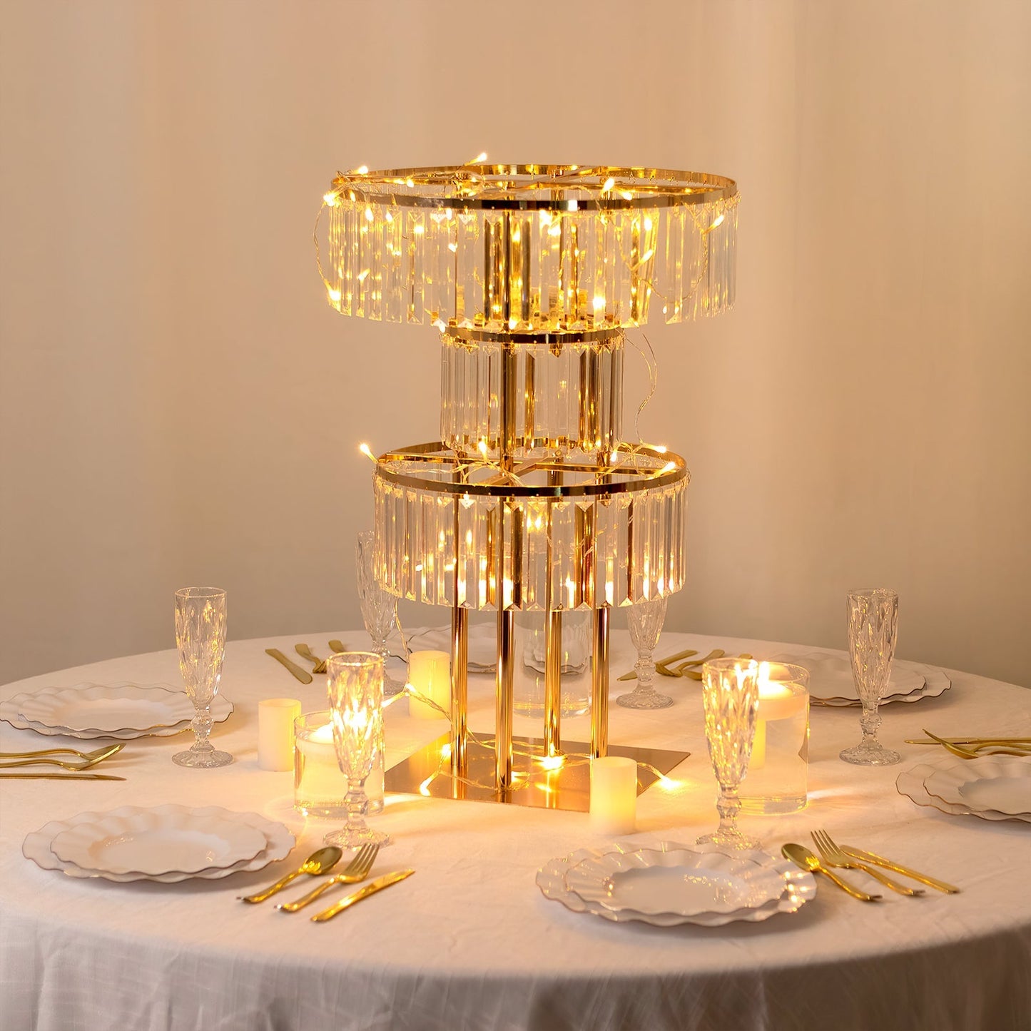 27" Crystal Pendant Table Centerpiece in 3-Tier Gold, Round Flower Stand Metal Vase Chandelier with Hanging Crystals