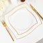 10-Pack Plastic 8" Square Dessert Plates in White with Gold Wavy Rim Modern - Disposable Salad Appetizer Party Plates for Luxe Events & Banquets