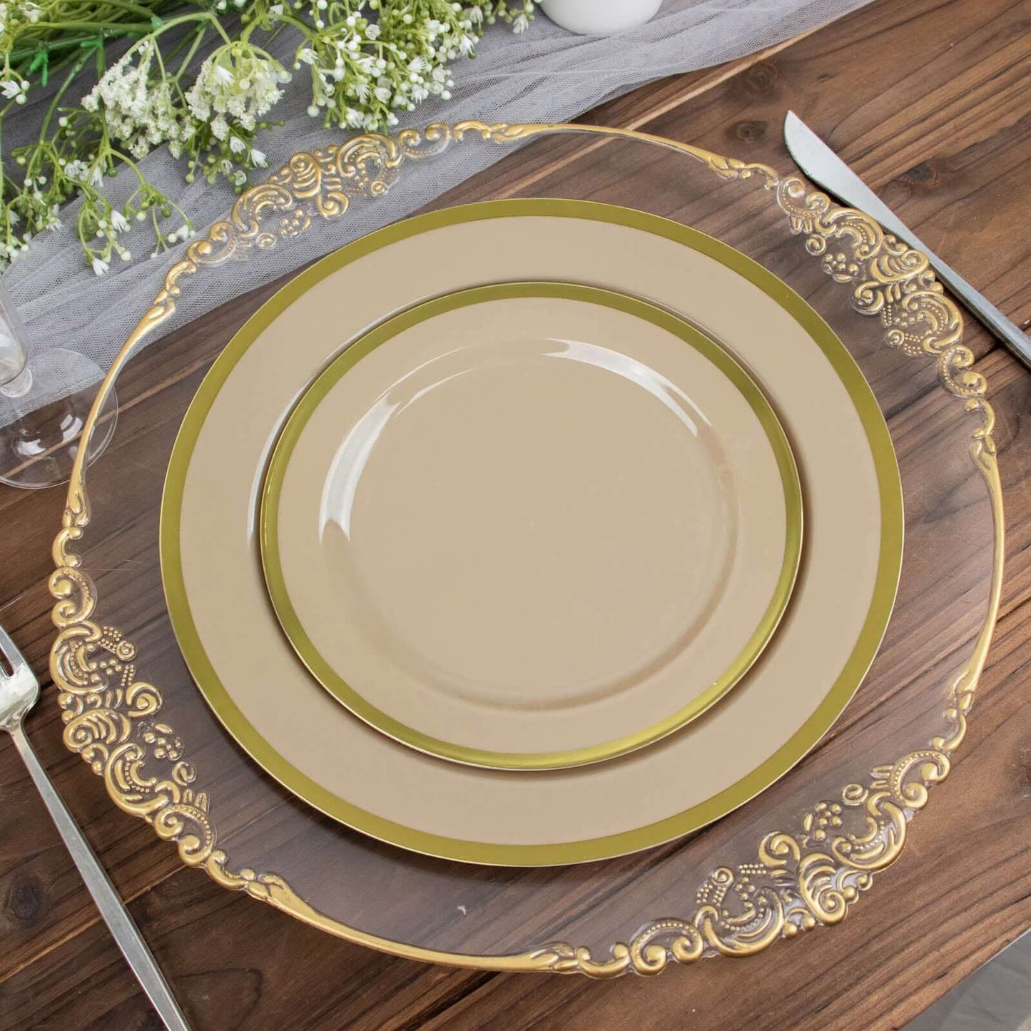 10-Pack Plastic 7" Round Appetizer Plates in Taupe with Gold Rim - Sleek Disposable Salad Plates for Banquets & Special Occasions
