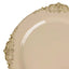 10-Pack Plastic 10" Round Dinner Plates in Taupe with Gold Leaf Embossed Rim - Disposable Vintage Baroque Style Plates