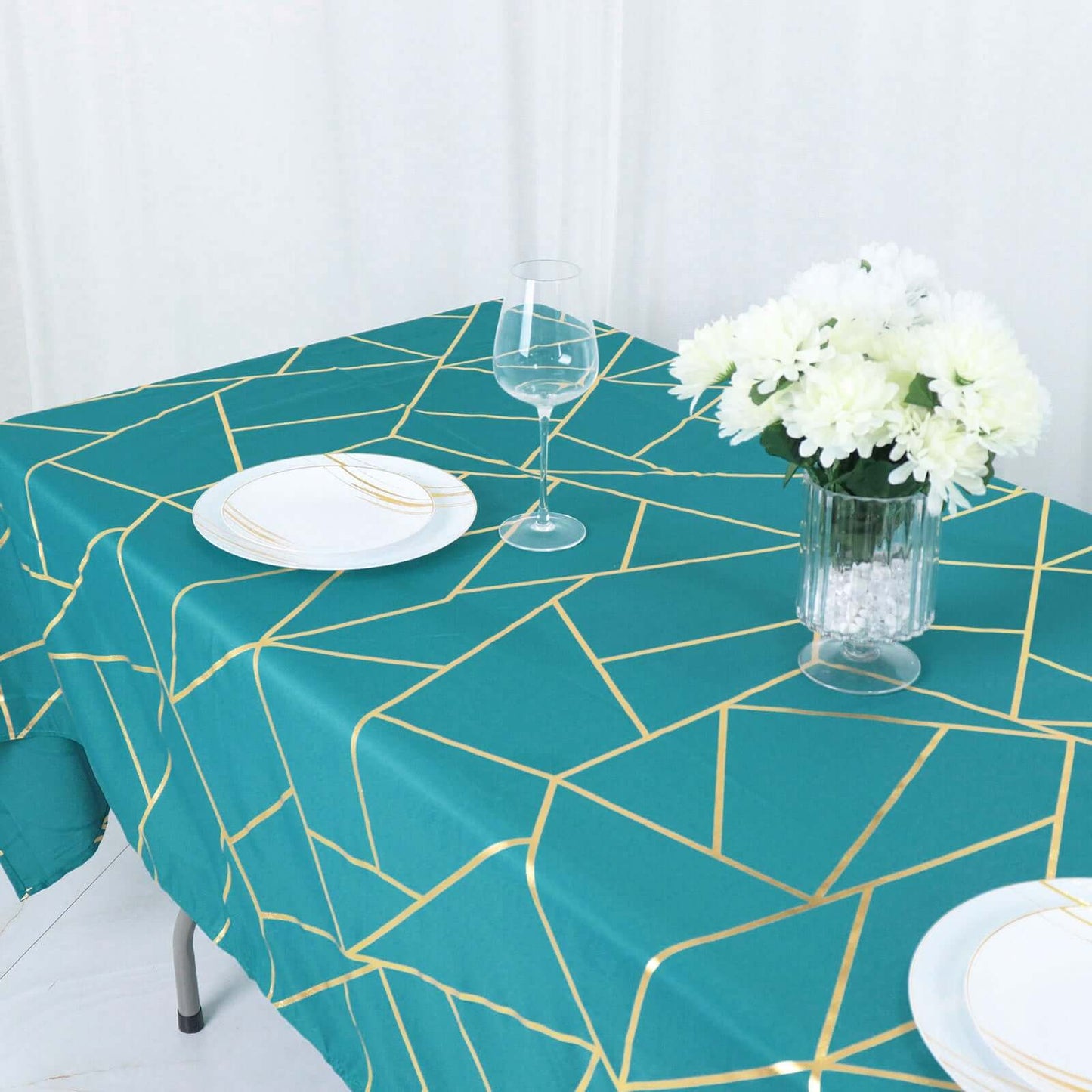 Polyester 60"x102" Rectangle Tablecloth Teal with Gold Foil Geometric Pattern - Wrinkle-Resistant & Durable Table Cover