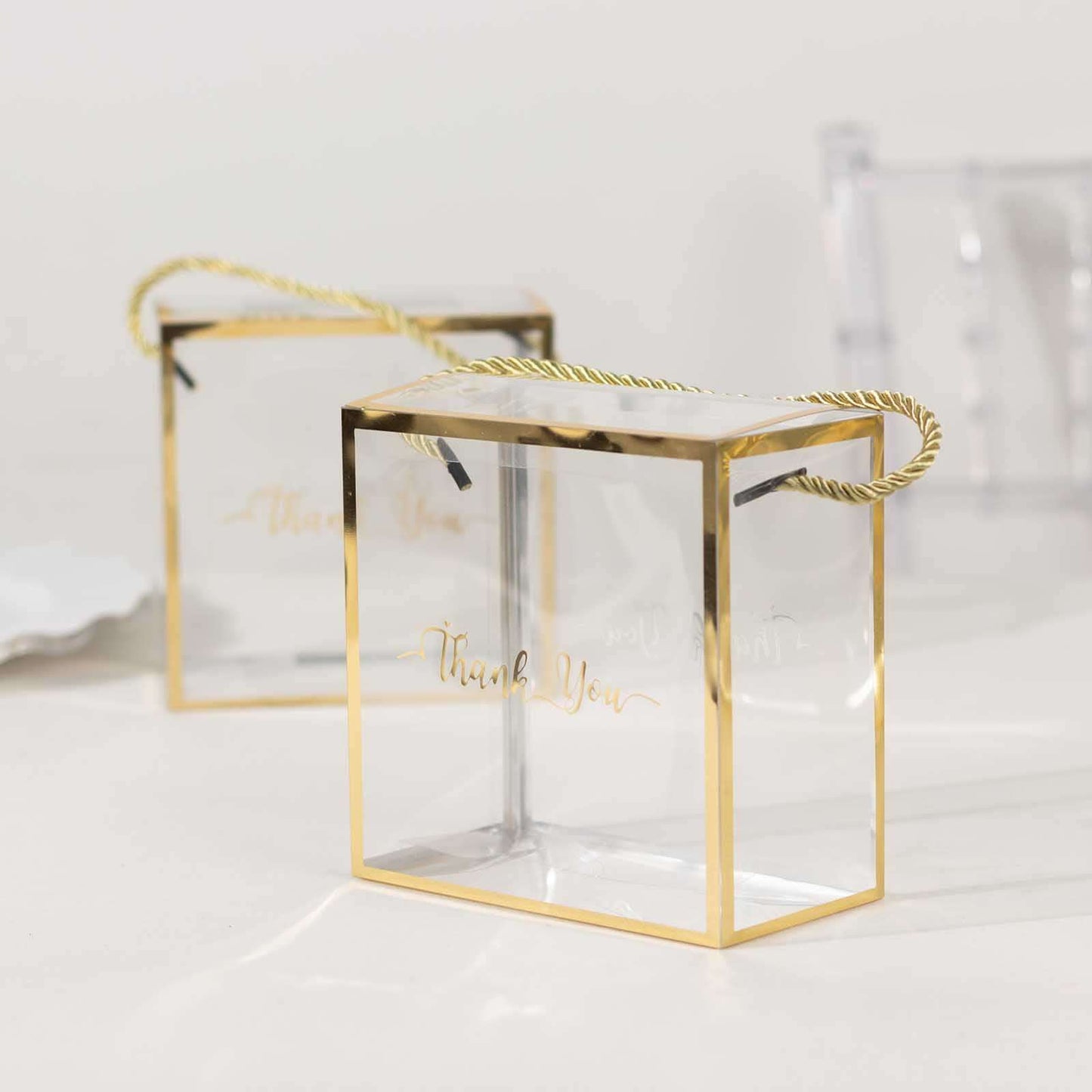 25 Pack Gold Trimmed Clear PVC Gift Boxes with Rope Handles and Thank You Print, Transparent Portable Candy Favor Boxes - 5.5"x5.5"