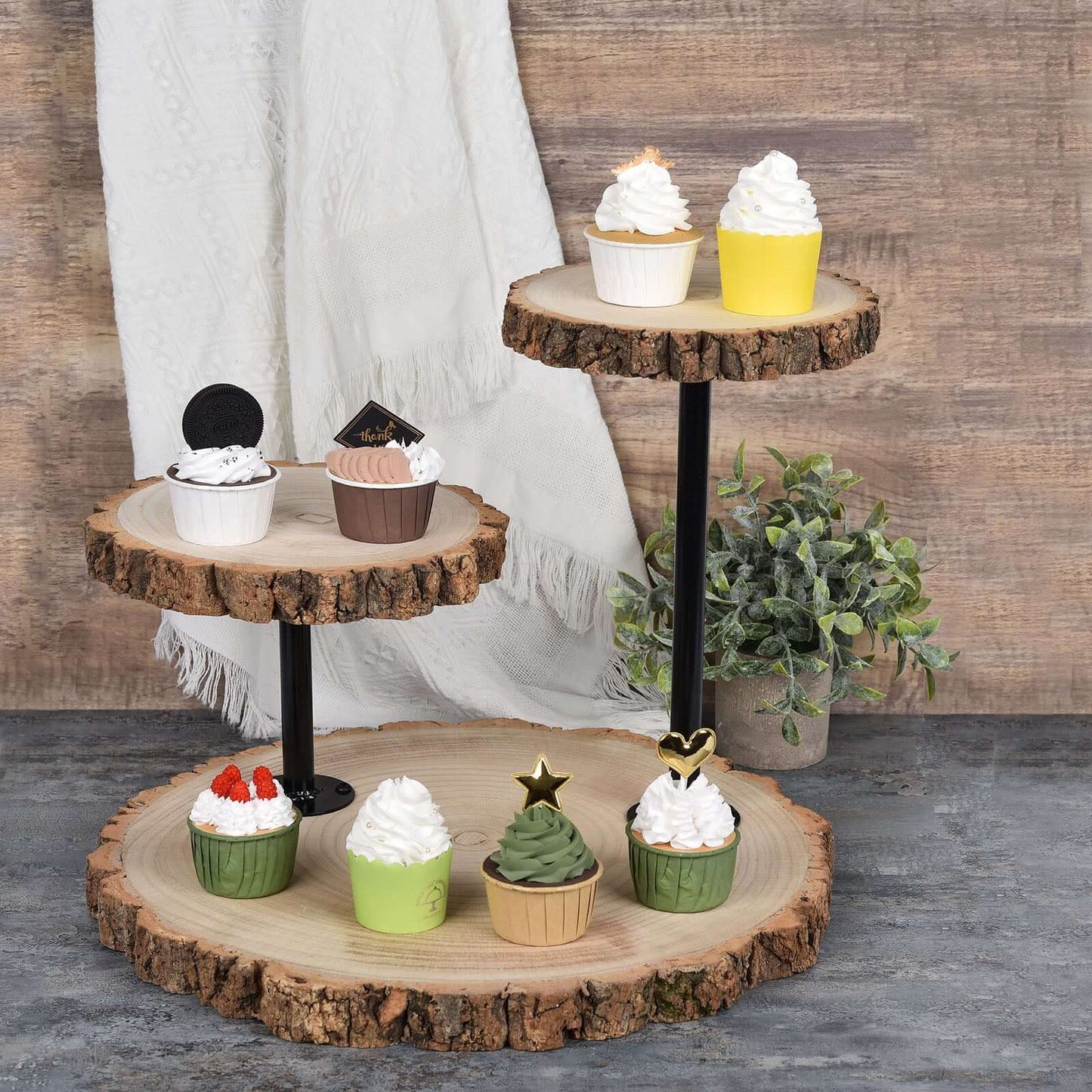 3-Tier Wooden Cheese Board Stand Natural Wood Slice Design - Rustic Cupcake Centerpiece with Assembly Tools 14"