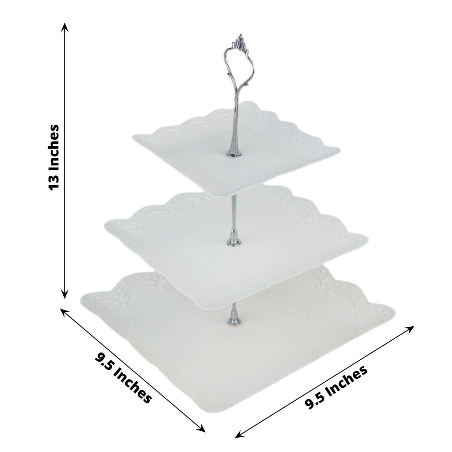 3-Tier Plastic Square Cupcake Stand Tower White - Charming Easy to Assemble Dessert Display Serving Tray Platter with Floral Embossed Scalloped Rim & Silver Handle for Tea Parties Weddings & Special Occasions 13"