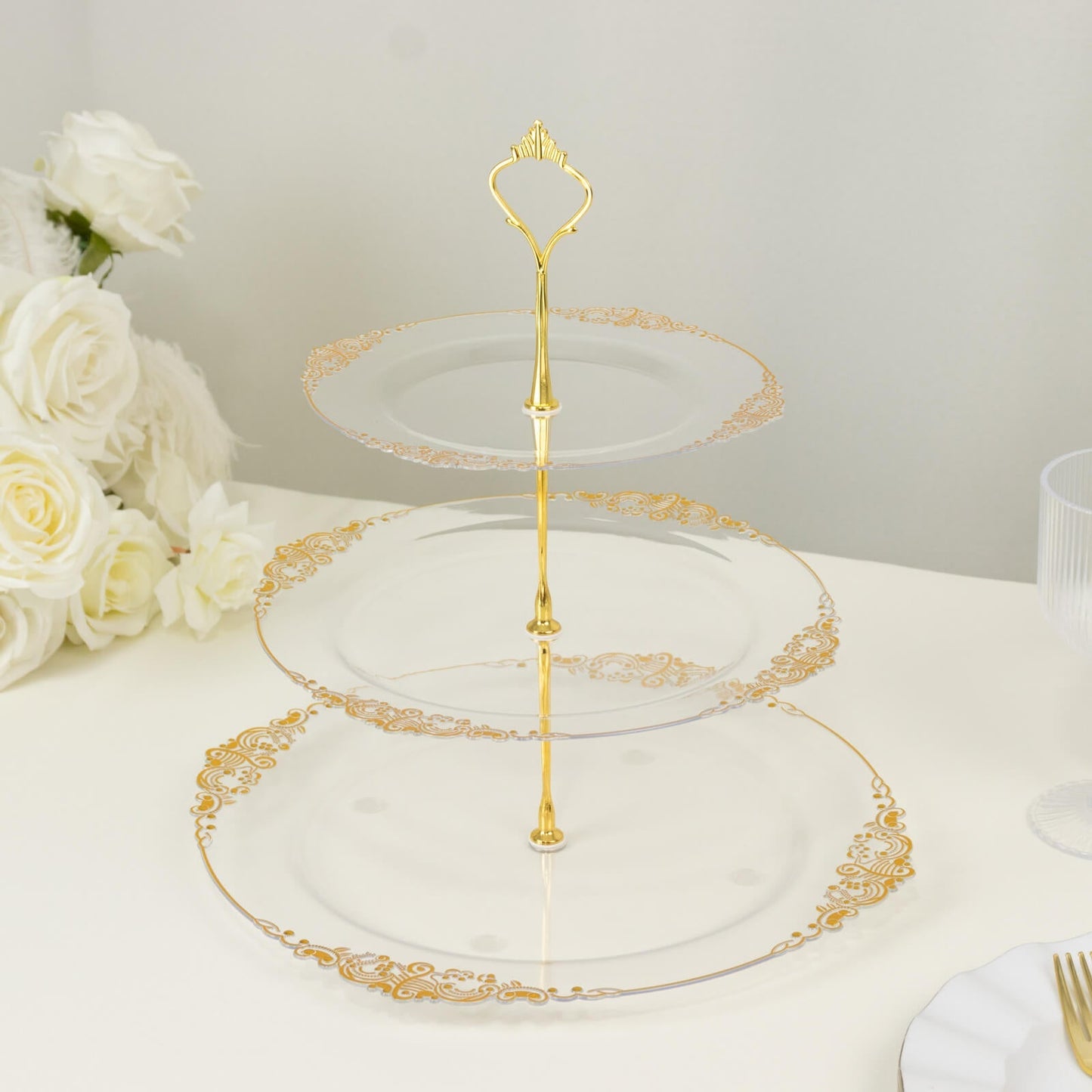 3-Tier Clear Plastic Cupcake Tower Stand with Gold Embossed Baroque Rim, 13" Round Cake Dessert Holder Display Stand Tiered Serving Tray with Top Handle