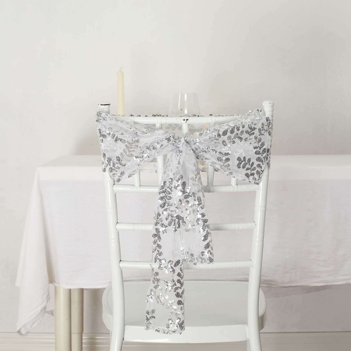 5 Pack Tulle Chair Sashes with Leaf Vine Embroidered Sequins Silver 6"x88"