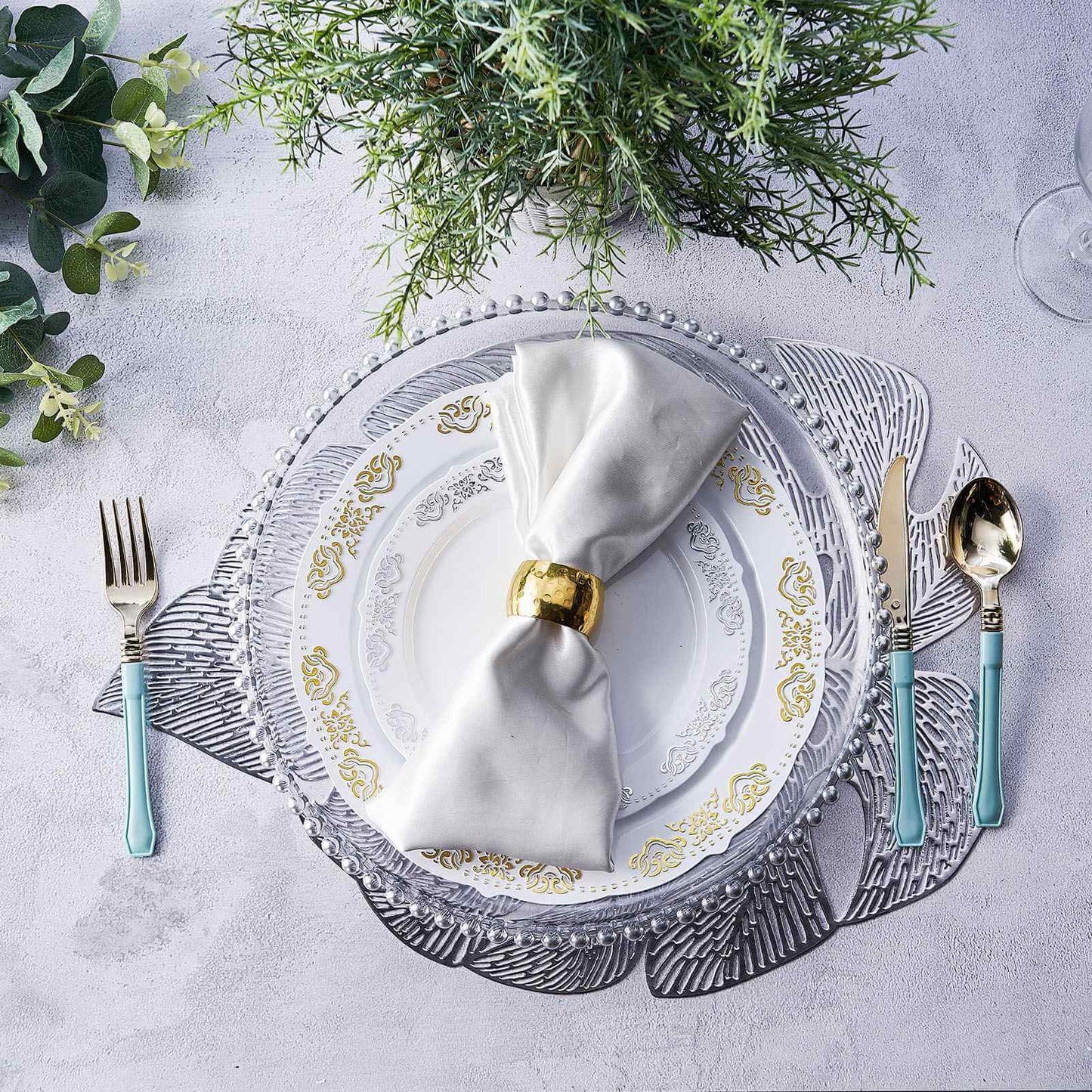 6-Pack Dining Table Mats Monstera Leaf Design Silver - Vinyl Non-Slip Surface for Tropical Themes 18"