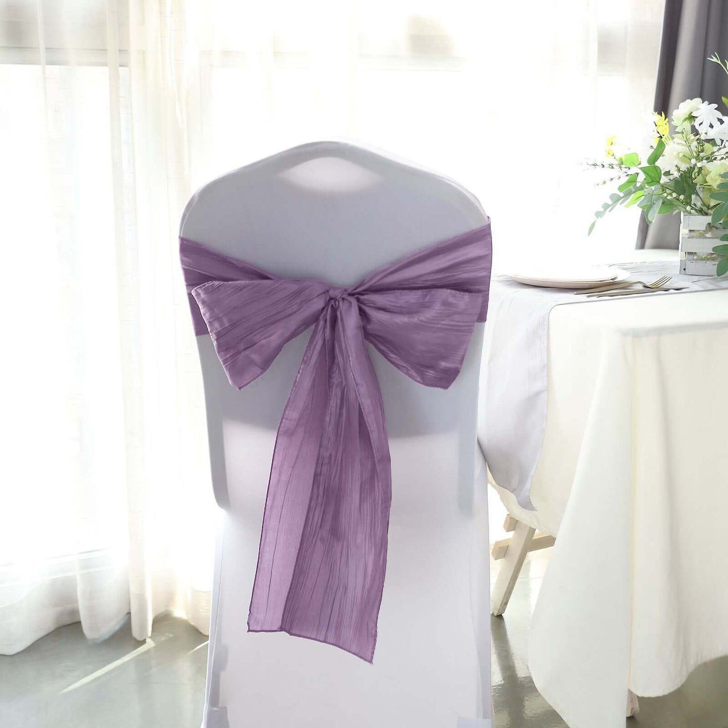 5 Pack Taffeta 6"x106" Chair Sashes Violet Amethyst Accordion Crinkle Texture - Stylish Decor for Weddings & Gatherings