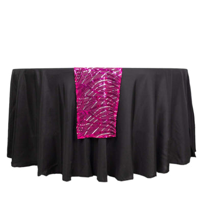 Sequin Mesh 12"x108" Table Runner Fuchsia Stylish Wave Embroidery