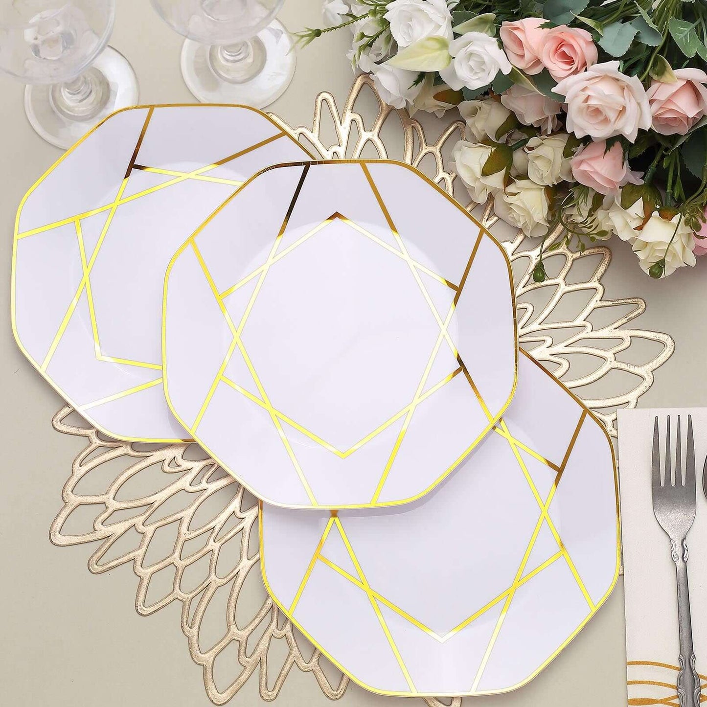 10-Pack Plastic 8" Octagon Dessert Plates in White - Modern Disposable Salad/Appetizer Plates with Gold Geometric Design for Special Occasions & Celebrations