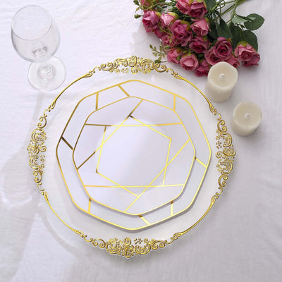 10-Pack Plastic 10" Octagon Dinner Plates in White - Modern Disposable Party Plates with Gold Geometric Design for Special Occasions & Celebrations
