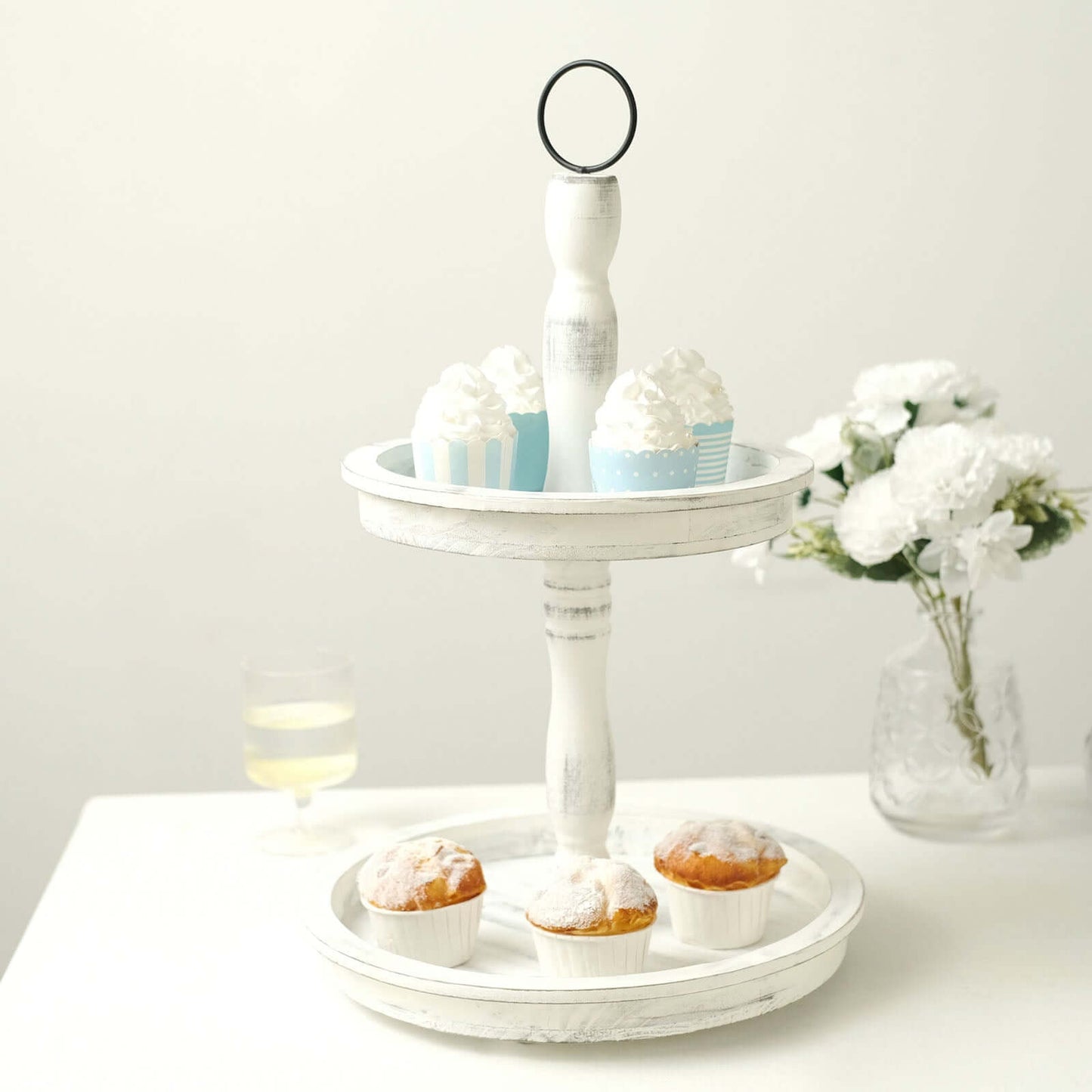 2-Tier Wooden Serving Tray Stand Rustic Whitewashed Design - Farmhouse Style Cupcake Display 20"