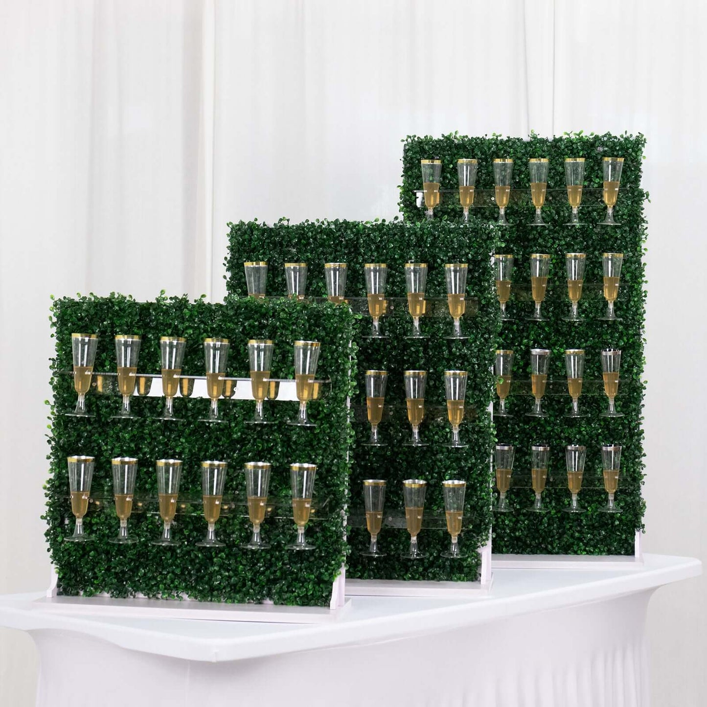 Set of 3 Champagne Wall Glass Holder Green - Tiered Faux Boxwood Stemware Rack Cocktail Display Drink Organizer for Classy Events & Banquets 24", 33", 42"