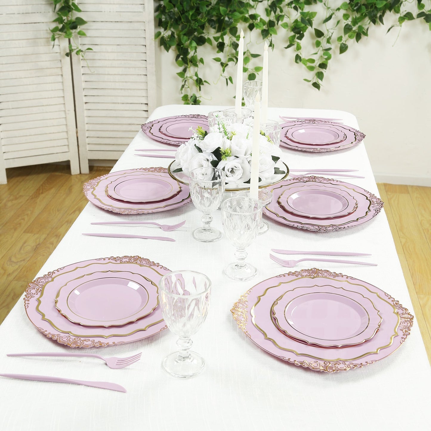 20-Pack Economy Plastic Round Charger Plates 13" in Lavender Lilac with Gold Embossed Baroque Rim, Stylish Dinner Party Serving Plates