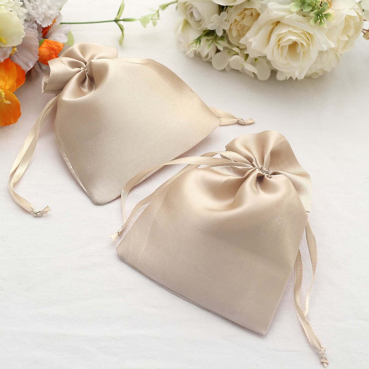 12 Pack 5"x7" Beige Satin Drawstring Wedding Party Favor Gift Bags