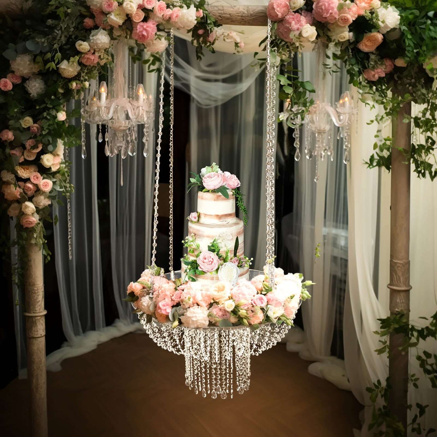 Acrylic Hanging Chandelier Cake Stand with Crystal Drapes - Suspended Round Wedding Cake Swing with 5ft Steel Wire Chains 25"