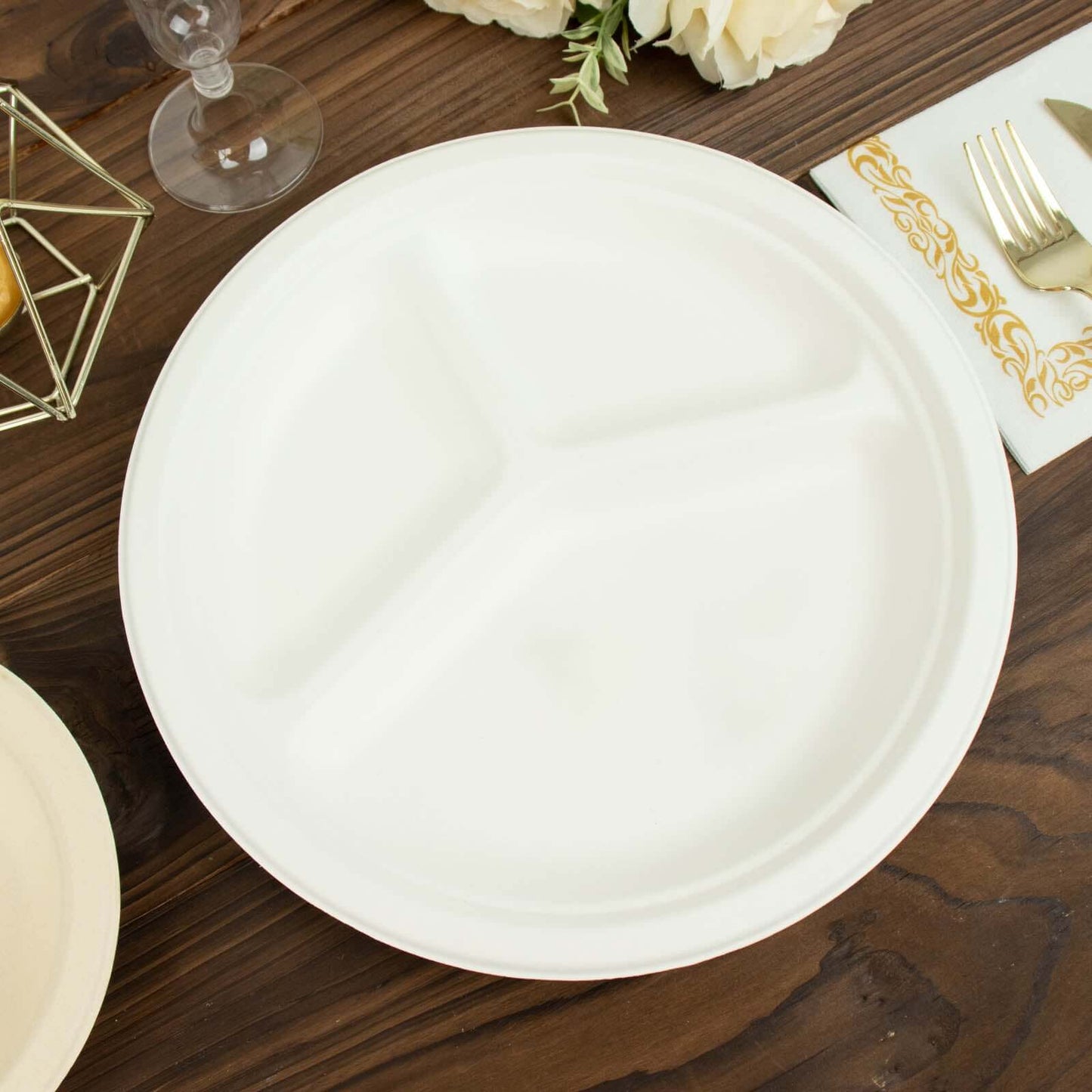 50-Pack Bagasse 10" Round Dinner Plates in White with 3-Compartments - Eco Friendly Biodegradable Sugarcane Divided Plates for Food Trucks Catering & Events