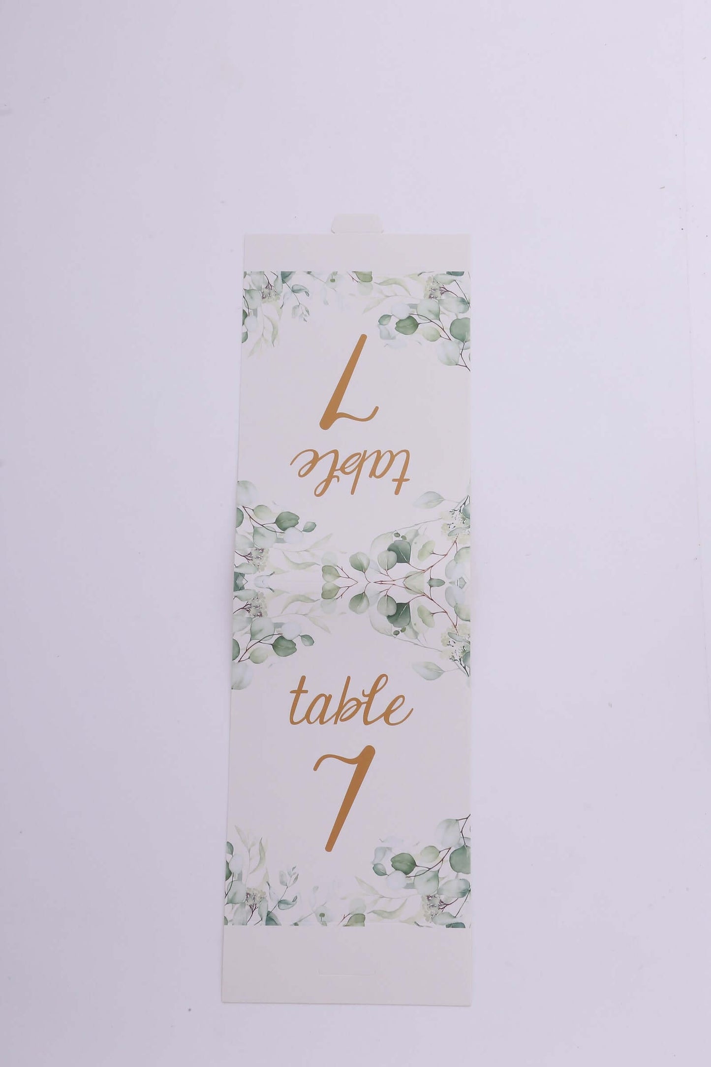 25-Pack Paper Wedding Table Numbers 1-25 White/Green Eucalyptus Leaves Design - Free Standing Double Sided Table Signs with Glam Gold Foil Numbers 7"