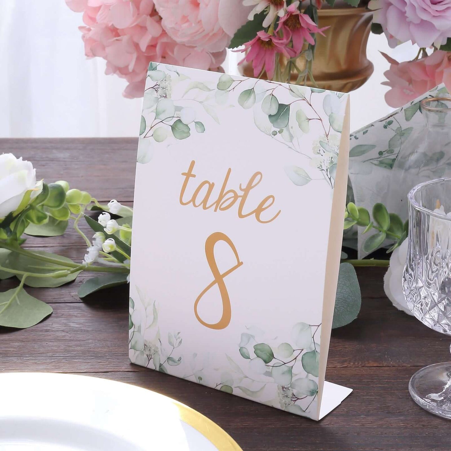 25-Pack Paper Wedding Table Numbers 1-25 White/Green Eucalyptus Leaves Design - Free Standing Double Sided Table Signs with Glam Gold Foil Numbers 7"