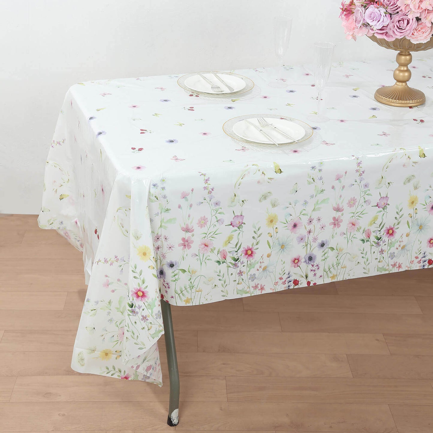 5-Pack Plastic Tablecloths White/Green Spring Floral Rectangle with Wild Flowers Butterfly Print - Durable PVC Disposable Table Covers 54"x108"