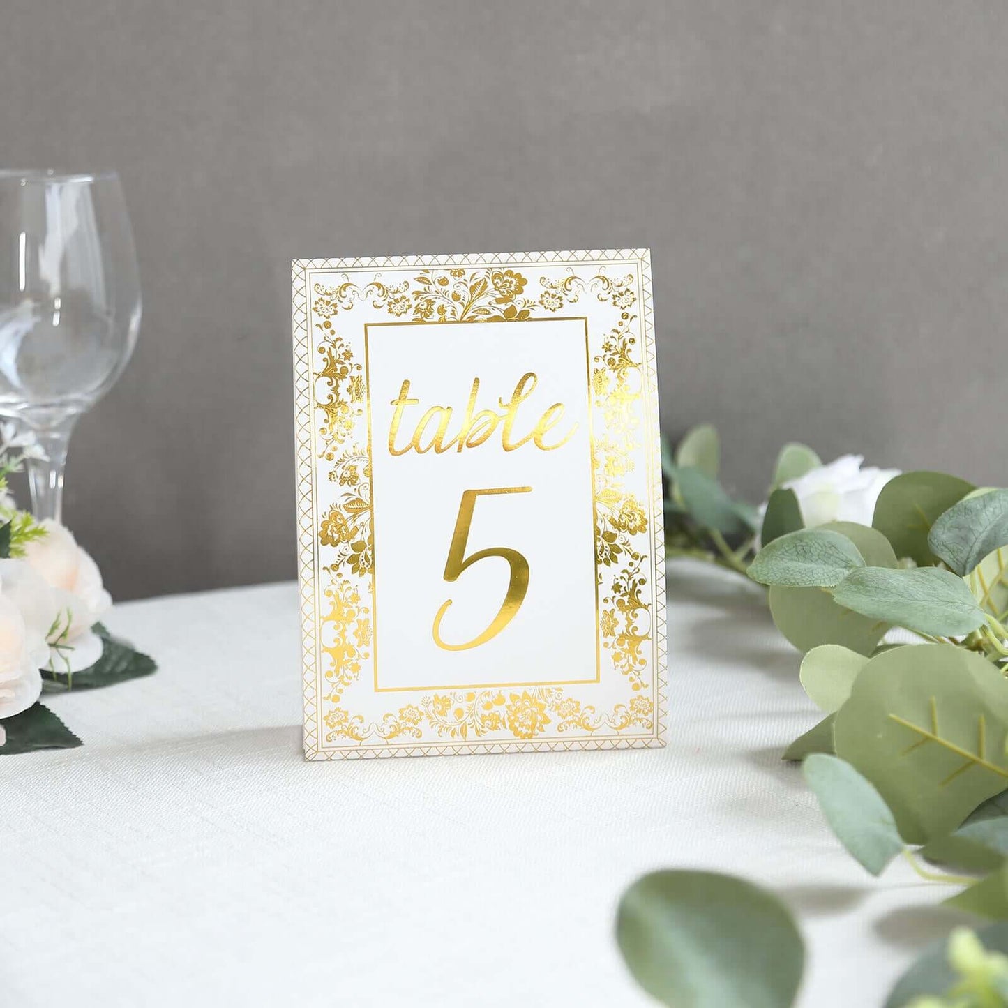 25-Pack Paper Wedding Table Numbers 1-25 White/Metallic Gold French Toile Design with Glam Gold Foil Numbers 7"