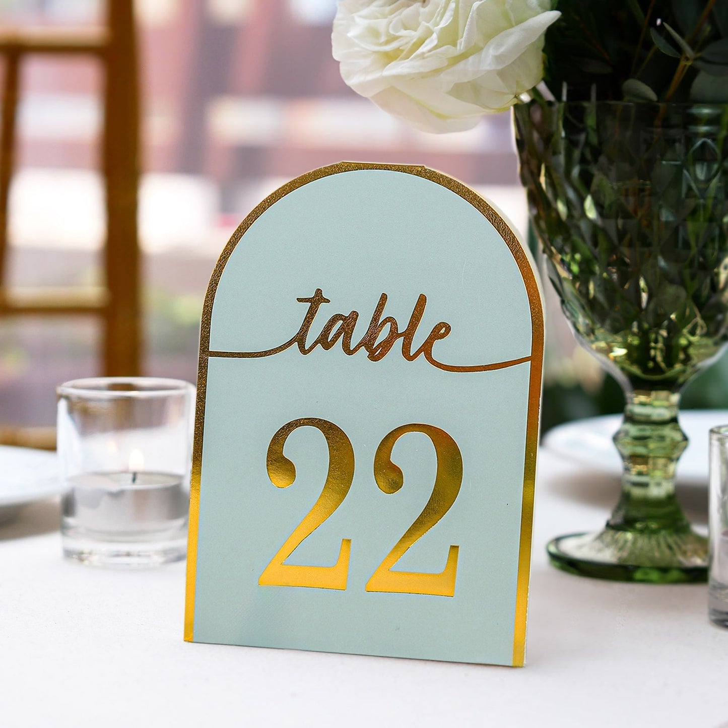 25-Pack 7" Disposable Table Numbers, Dusty Blue Free Standing Double Sided Table Number Place Cards with Metallic Gold Foil Numbers 1-25