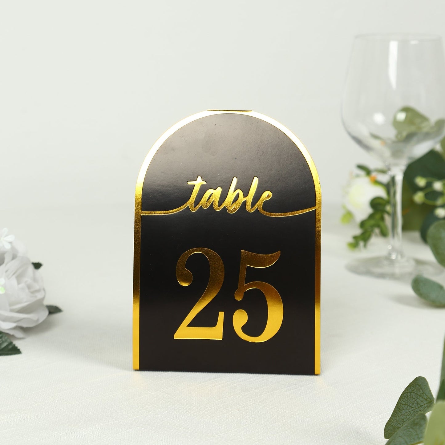25-Pack 7" Disposable Table Numbers, Black Free Standing Double Sided Table Number Place Cards with Metallic Gold Foil Numbers 1-25