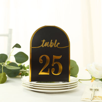 25-Pack 7" Disposable Table Numbers, Black Free Standing Double Sided Table Number Place Cards with Metallic Gold Foil Numbers 1-25
