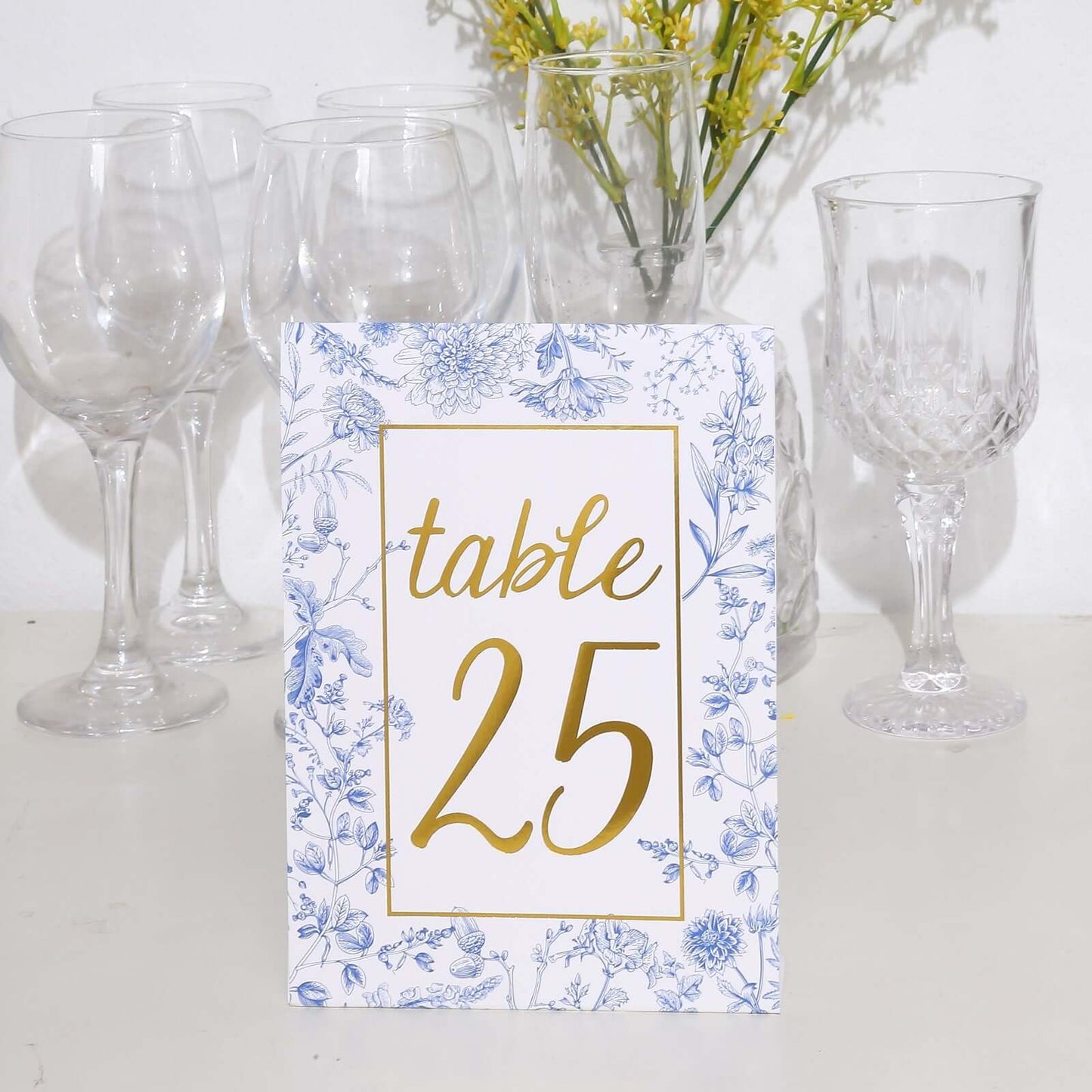 25-Pack Paper Wedding Table Numbers 1-25 White/Blue French Toile Design - Free Standing Double Sided Table Signs with Glam Gold Foil Numbers 7"